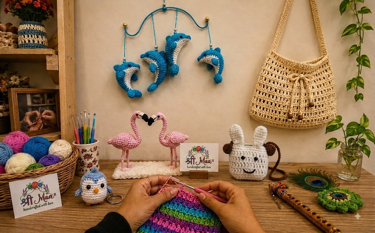 Handmade crochet Kanha ji doll beside a crochet flower bouquet