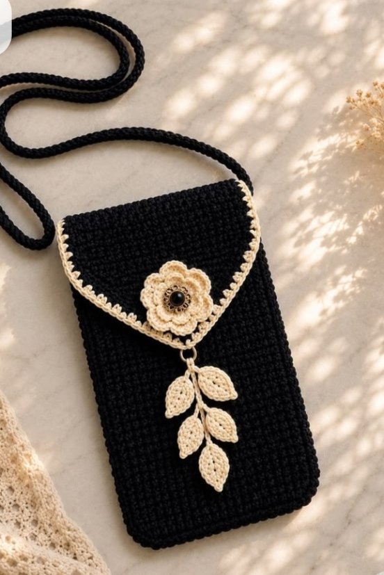 Black Floral Crochet Phone Bag