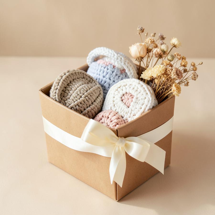 A handmade crochet gift hamper packed in a kraft box