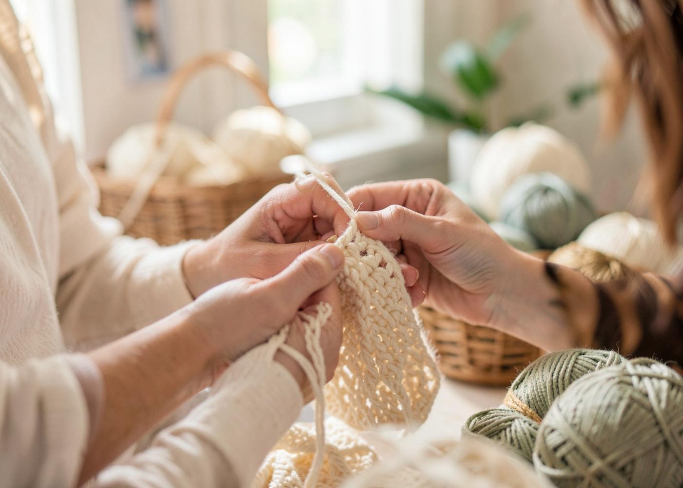 Hands crocheting in a small home studio